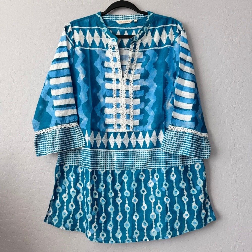 Soft Surroundings Large Tunic Blue White 3/4 Sleeve Batik Geometric Lace Trim
